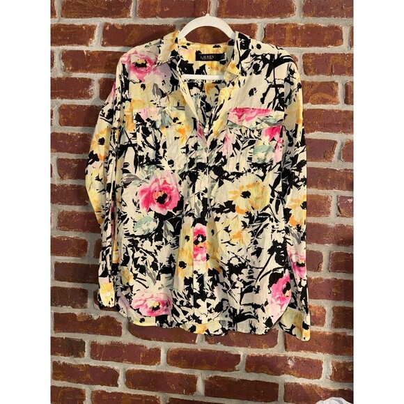 Lauren Ralph Lauren black label floral cotton button up blouse size large - Picture 2 of 8